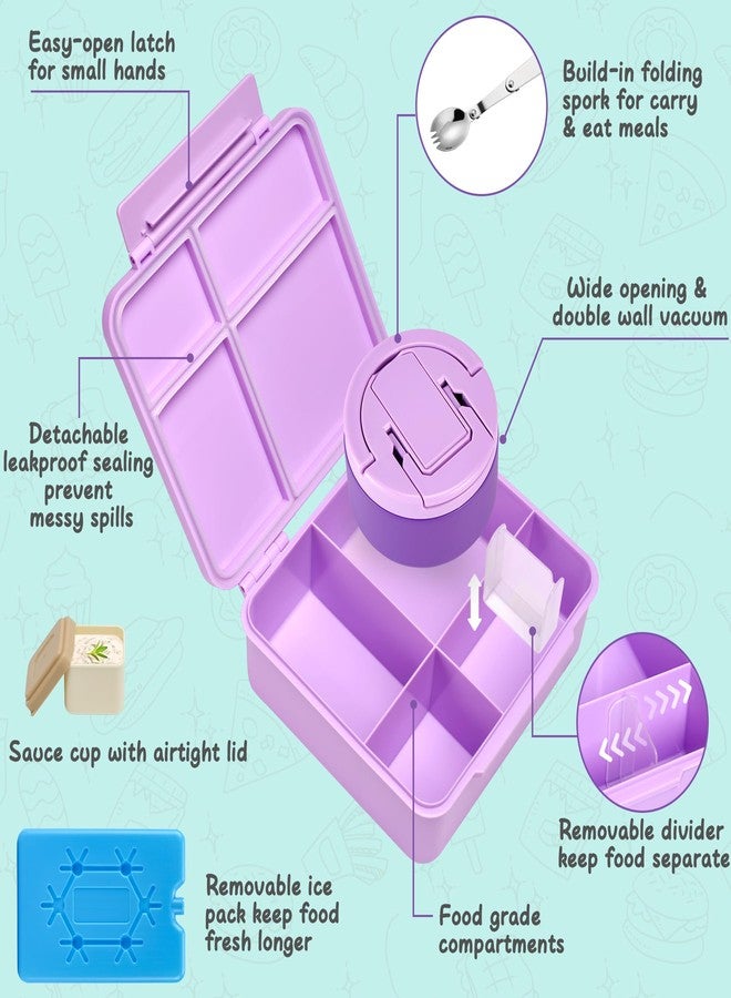 MAXSO Bento Lunch Box Set with 8 oz Soup Thermo, Kids Leakproof 4 Compartments Hot Food Container with Sauce Cup, Ice Pack and Lunch Bag, Child Insulated Food Jar for School - Purple - Image 2